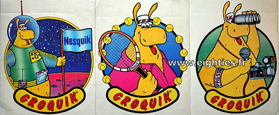 ANNEES, 80, 80's, eighties, Groquik, Groquick, Grosquick, Grosquik, Nesquik, Nesquick, NESTLE, Chocolat, mascotte, EMBLEME, enfance, trentenaires, pubs, PUBLICITE